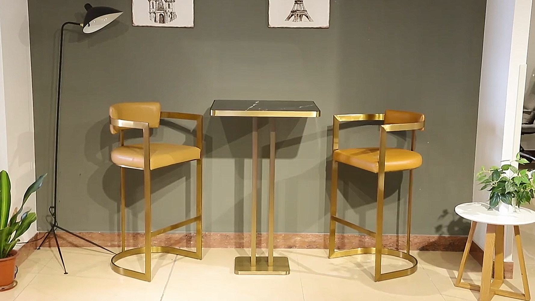 Factory custom made stainless steel bar chair and marble table furniture set